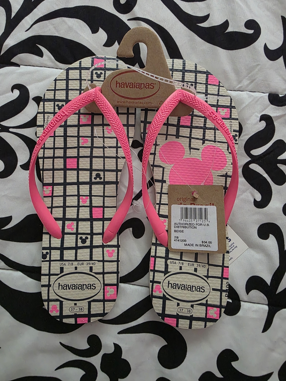 Havaianas Pink Strap Grid & Mickey Print Flip Flops